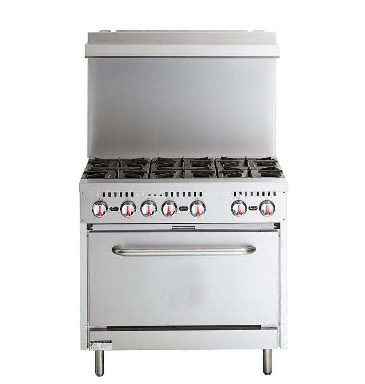 KRD Professional Stainless Steel Gas Range Oven (8kW/hr) with 6 Burners (36kW/hr) and Removable Overshelf