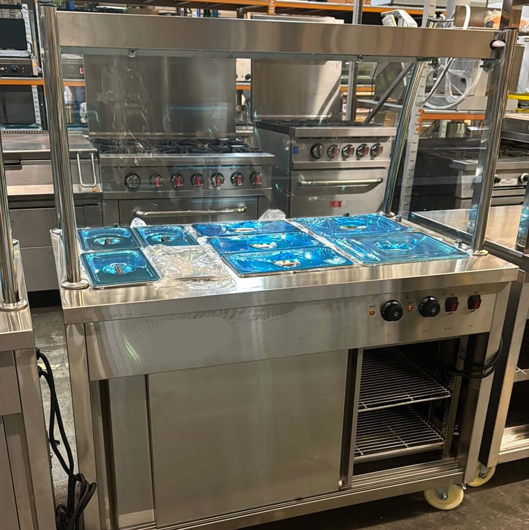 KRD Professional Glass Bain Marie Showcase Hot Cupboard 3xGN1/1 Mobile 120cm