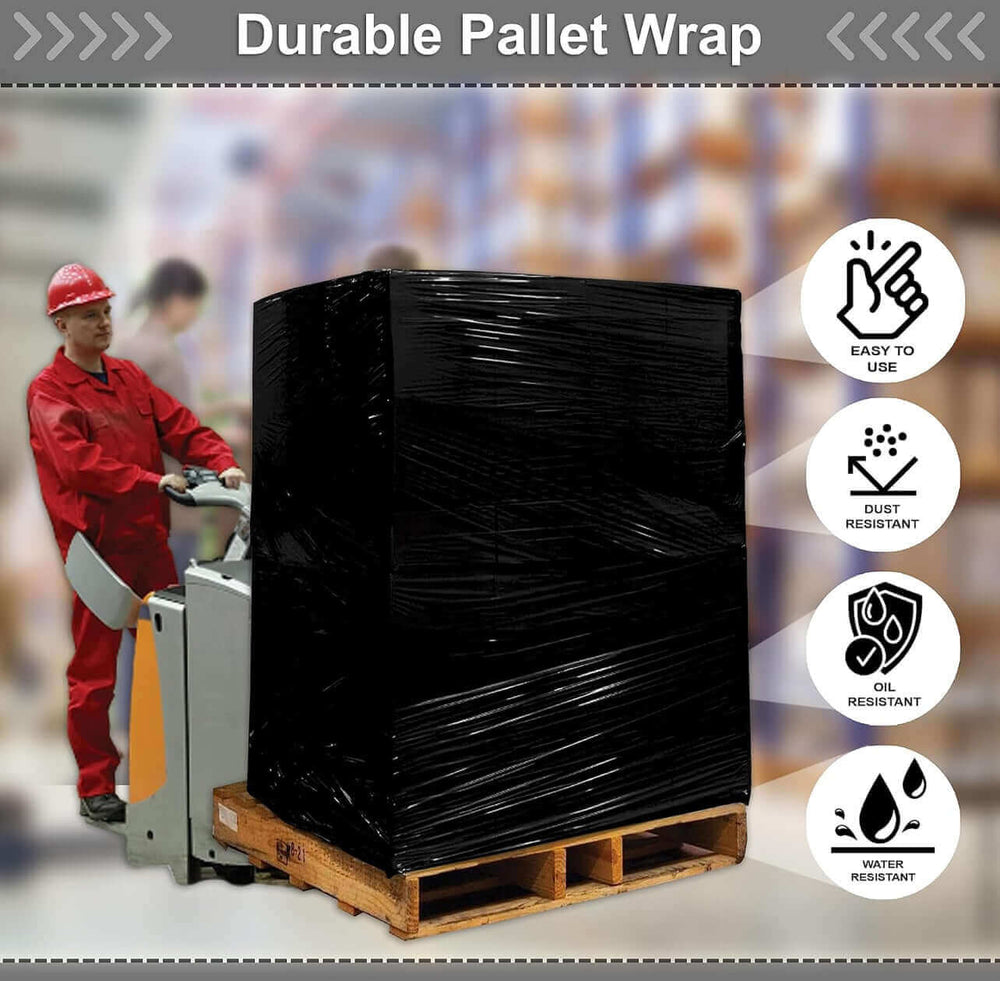 Black heavy-duty pallet wrap on a wooden pallet, showcasing dust, oil, and water resistance features.