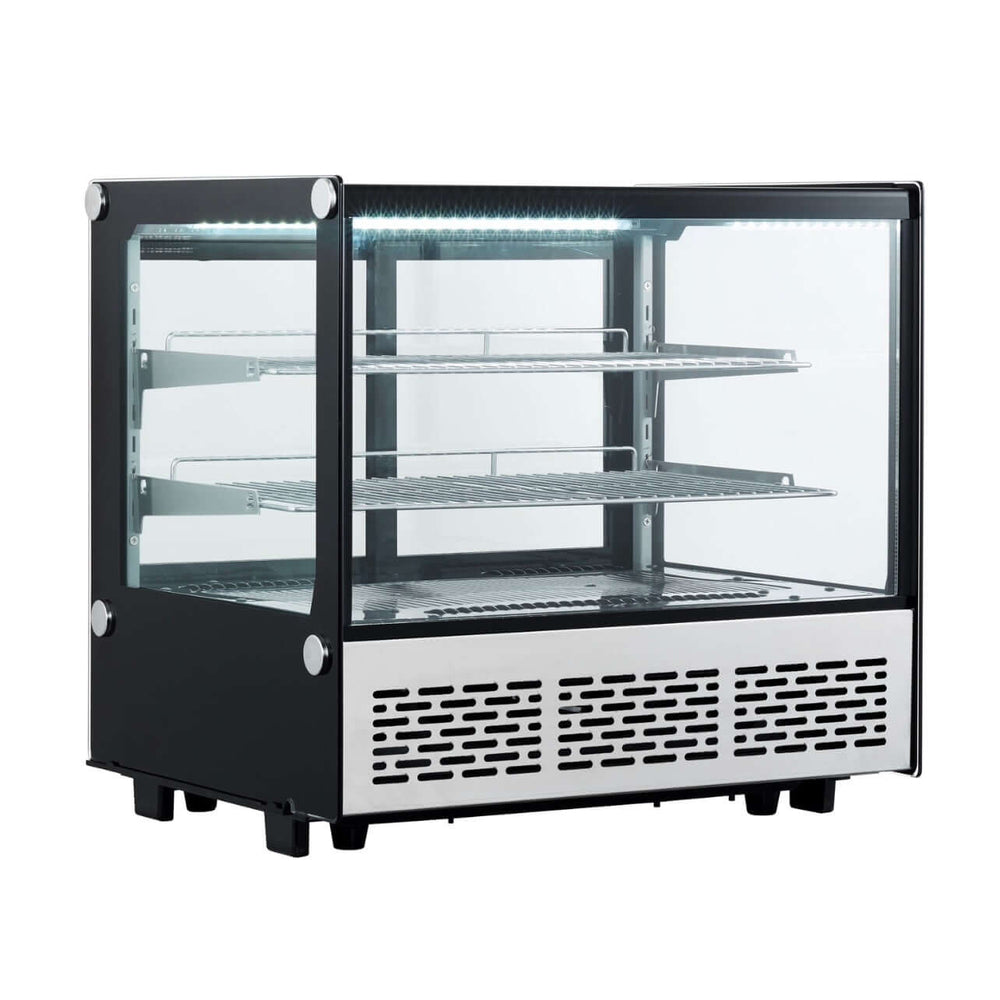 KRD Commercial 160 Litre Countertop Display Fridge 2 shelf stainless steel with glass doors for showcasing food.