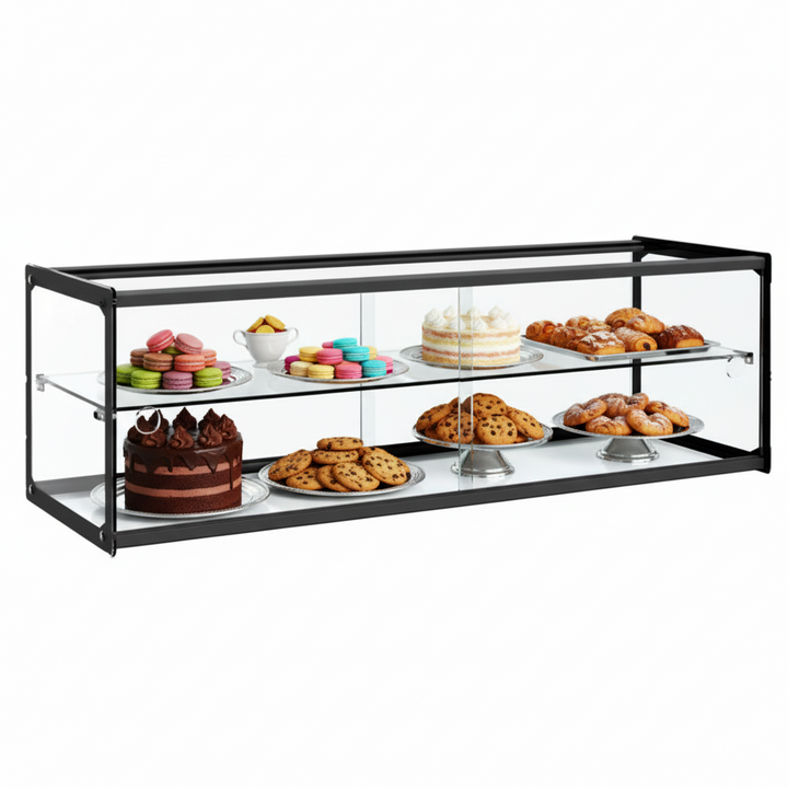 Neutral display case with black sides and food displayed inside