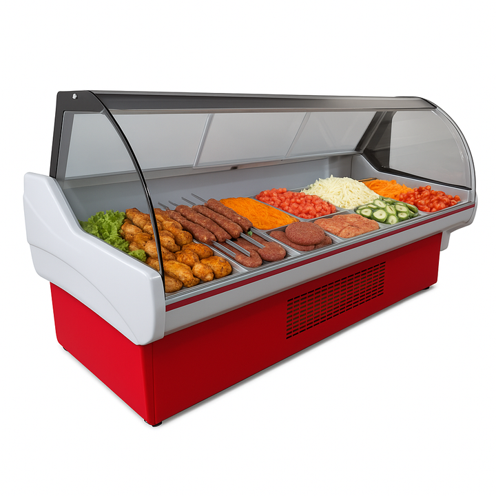 KRD Meat Display Serve Over Deli Counter Curved Glass Front 200cm SS200