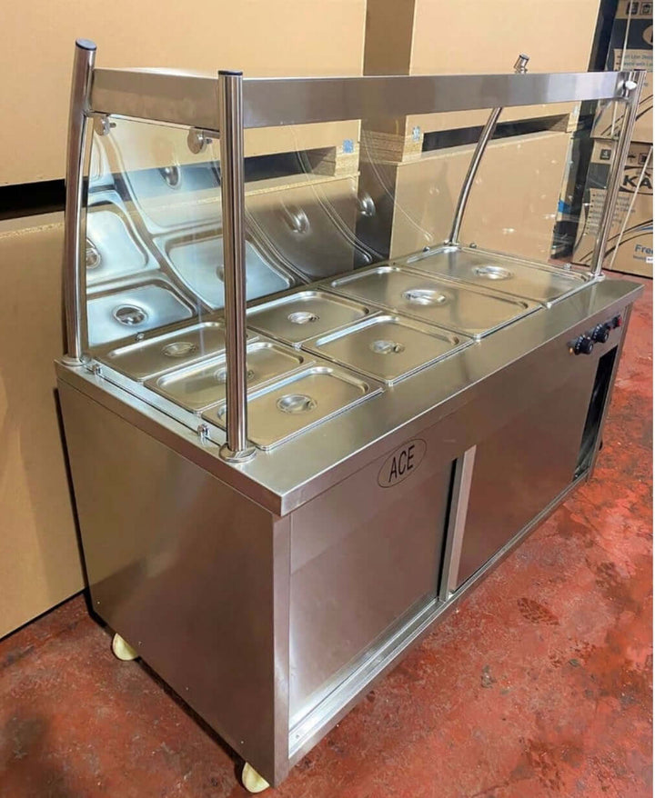 KRD Professional Glass Bain Marie Showcase Heated Display 180cm Hot Cupboard 5xGN1/1