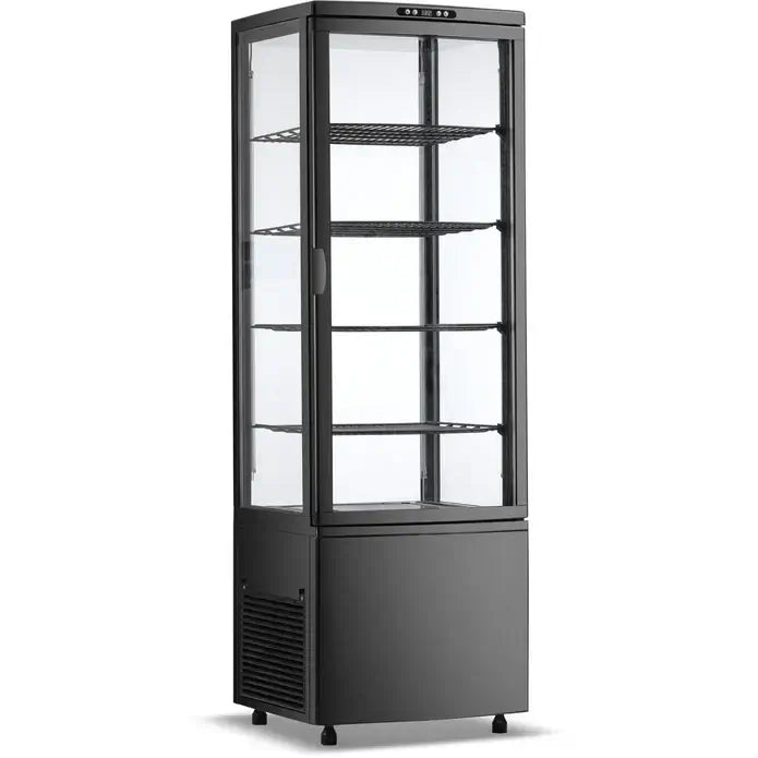 KRD Upright Commercial Glass Refrigerated Display Cooler 238 Litres 4 Shelves 1715mm Height with black finish.