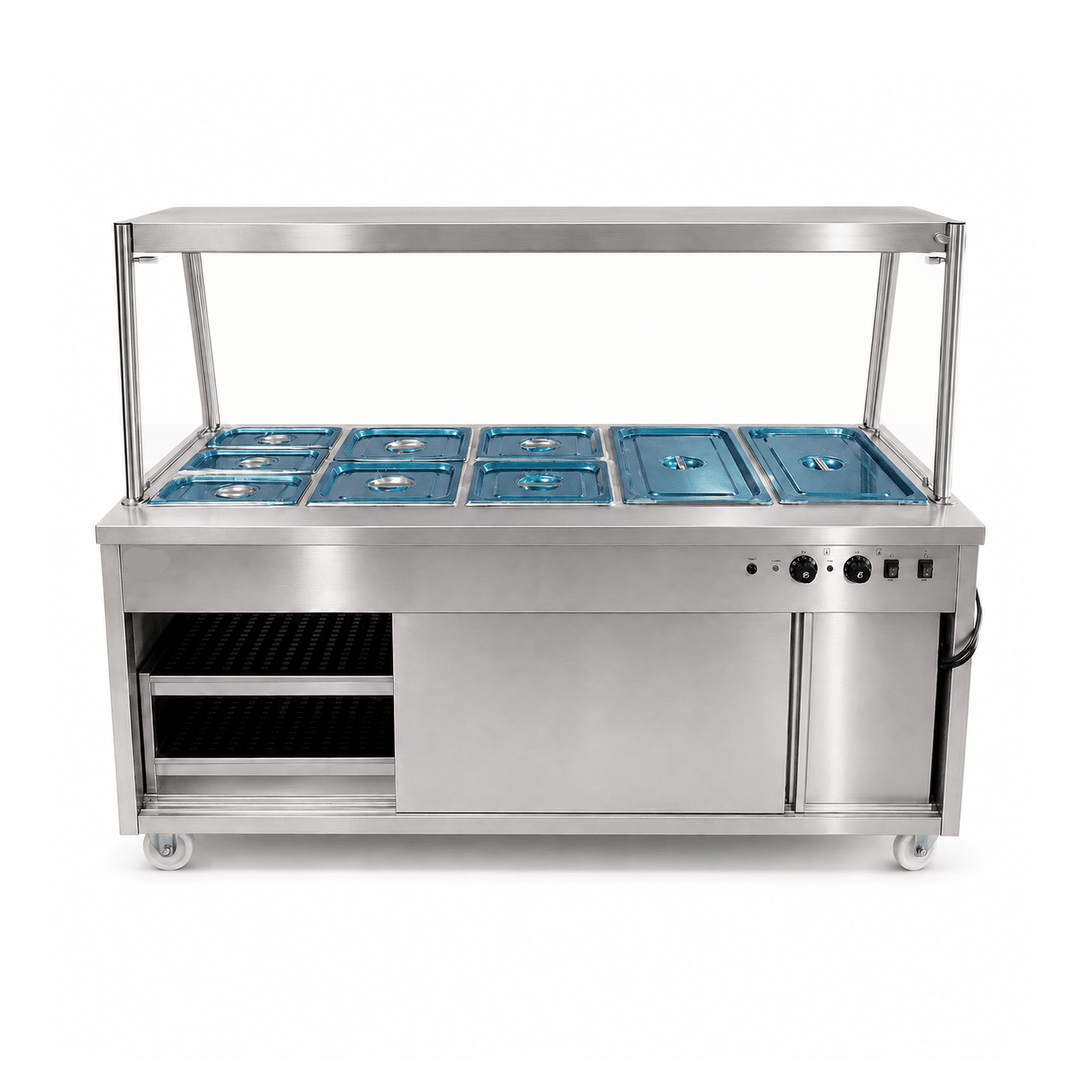KRD Professional Bain Marie Hot Cupboard with Glass front Heated Display 180cm 5x GN1/1