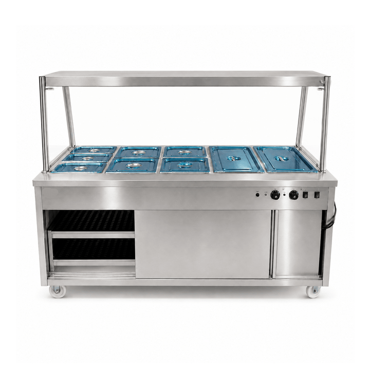KRD Professional Bain Marie Hot Cupboard with Glass front Heated Display 180cm 5x GN1/1