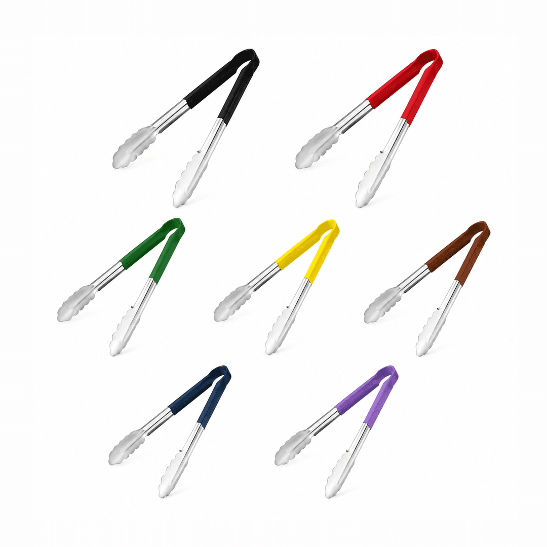KRD Colour Coded Utility Tongs Set of 7 300mm Stainless Steel