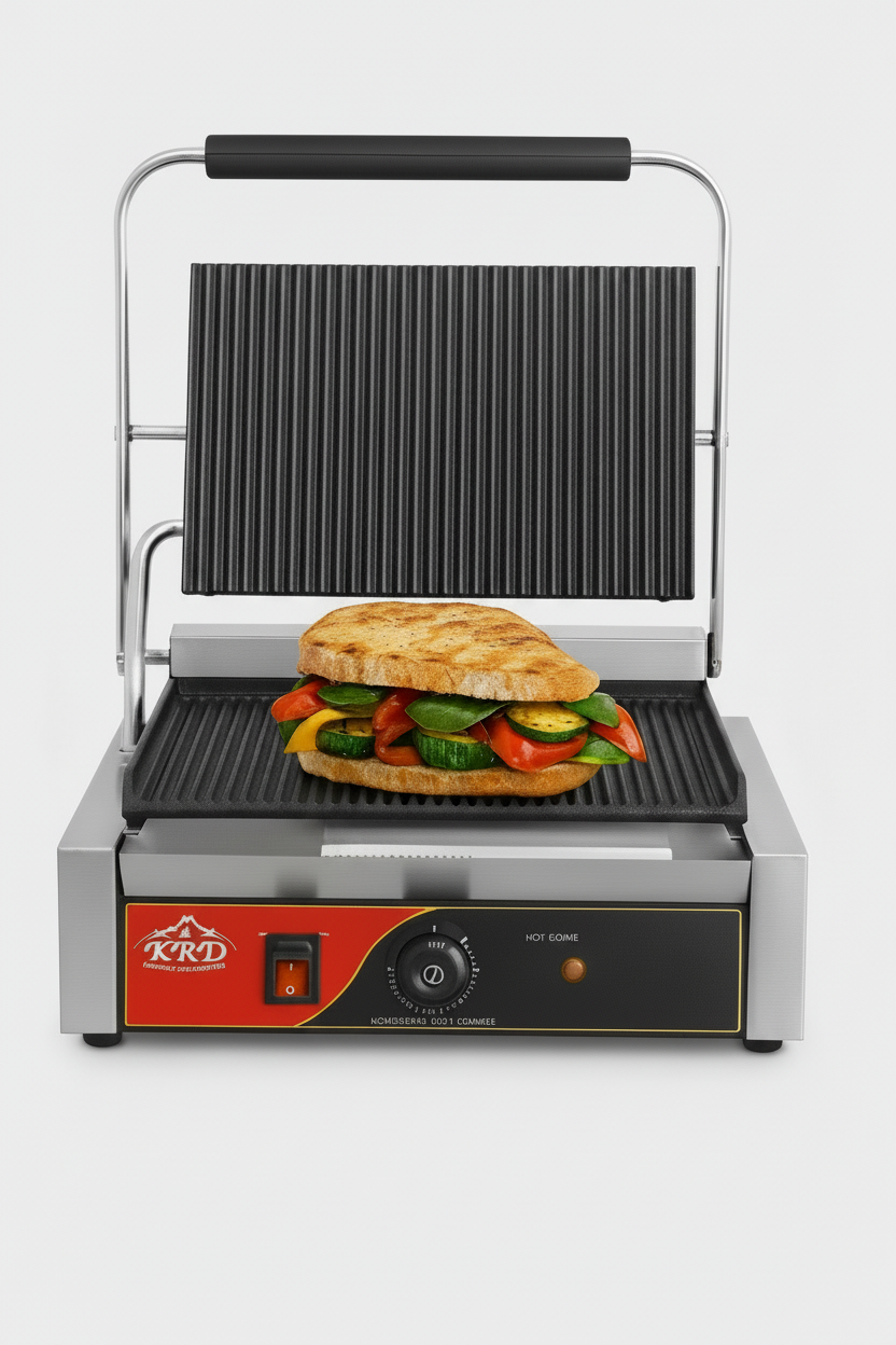 KRD Heavy Duty Extra Large Panini Contact grill Ribbed 2.2kW KEG-812A with grilled vegetables and bread on cast iron plates.