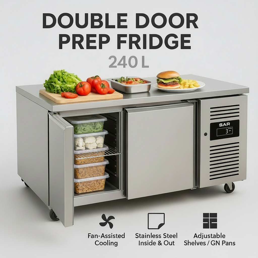 KRD Commercial Refrigerated Counter 2 doors Depth 700mm stainless steel prep fridge with 240L capacity and adjustable shelves