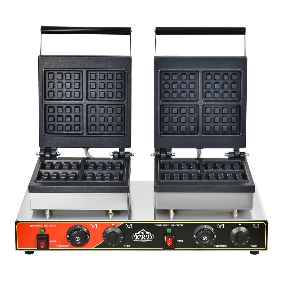 KRD Heavy Duty  Commercial Square 2-Plate Waffle Maker 1750W+1750W  KRW-8 with stainless steel body and adjustable temperature controls.