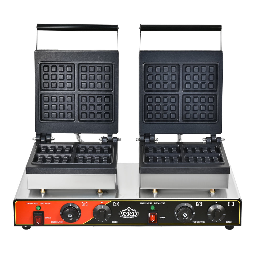 KRD Heavy Duty  Commercial Square 2-Plate Waffle Maker 1750W+1750W  KRW-8 with stainless steel body and adjustable temperature controls.