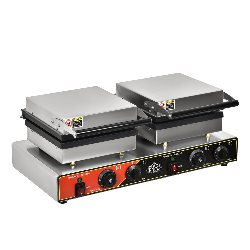 KRD Heavy Duty  Commercial Square 2-Plate Waffle Maker 1750W+1750W  KRW-8 for commercial kitchens, stainless steel construction.
