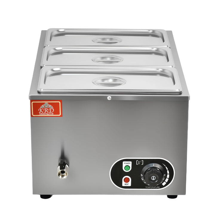 KRD Electric Bain Marie With 3x1/3GN Pans And Lids Countertop KRB-3V, stainless steel commercial kitchen equipment for food warming.