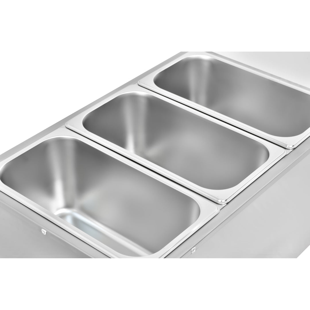 KRD Electric Bain Marie With 3x1/3GN Pans And Lids Countertop KRB-3V featuring three stainless steel pans designed for commercial kitchen equipment.