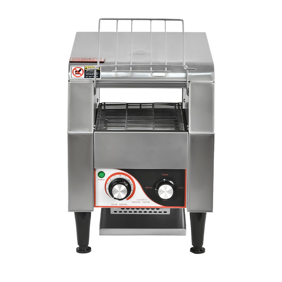 KRD Commercial Electric conveyor toaster 1340W KR-TT-150 with stainless steel body and adjustable controls for efficient toasting.