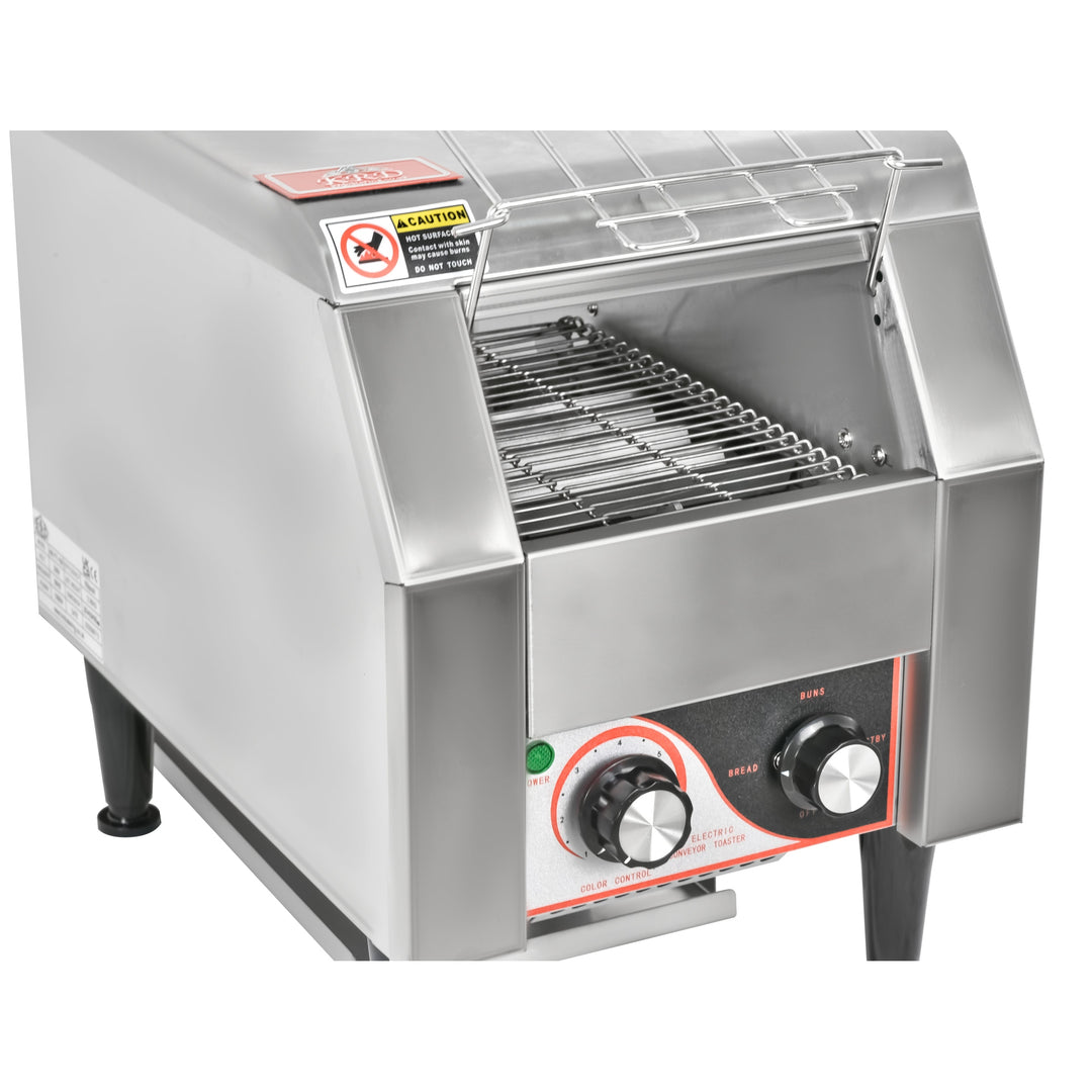 KRD Commercial Electric conveyor toaster 1340W KR-TT-150 with stainless steel finish, adjustable settings for commercial kitchen use.