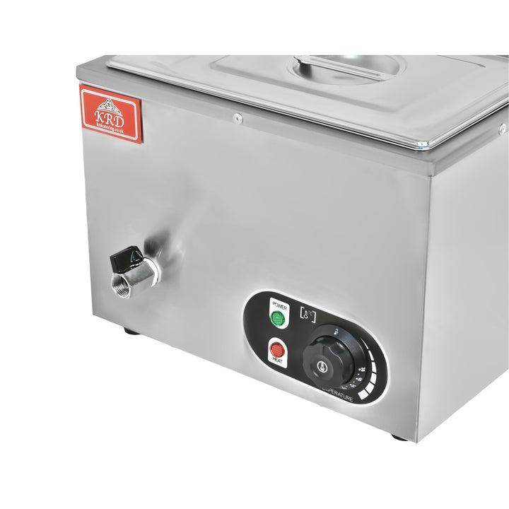 KRD Electric Bain Marie With 2x1/2GN Pans And Lids Countertop KRB-2V close-up showing stainless steel design and controls.