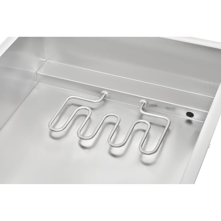 KRD Electric bain marie With 4x1/4GN Pans and Lids Countertop KRB-4V heating element detail in stainless steel construction.