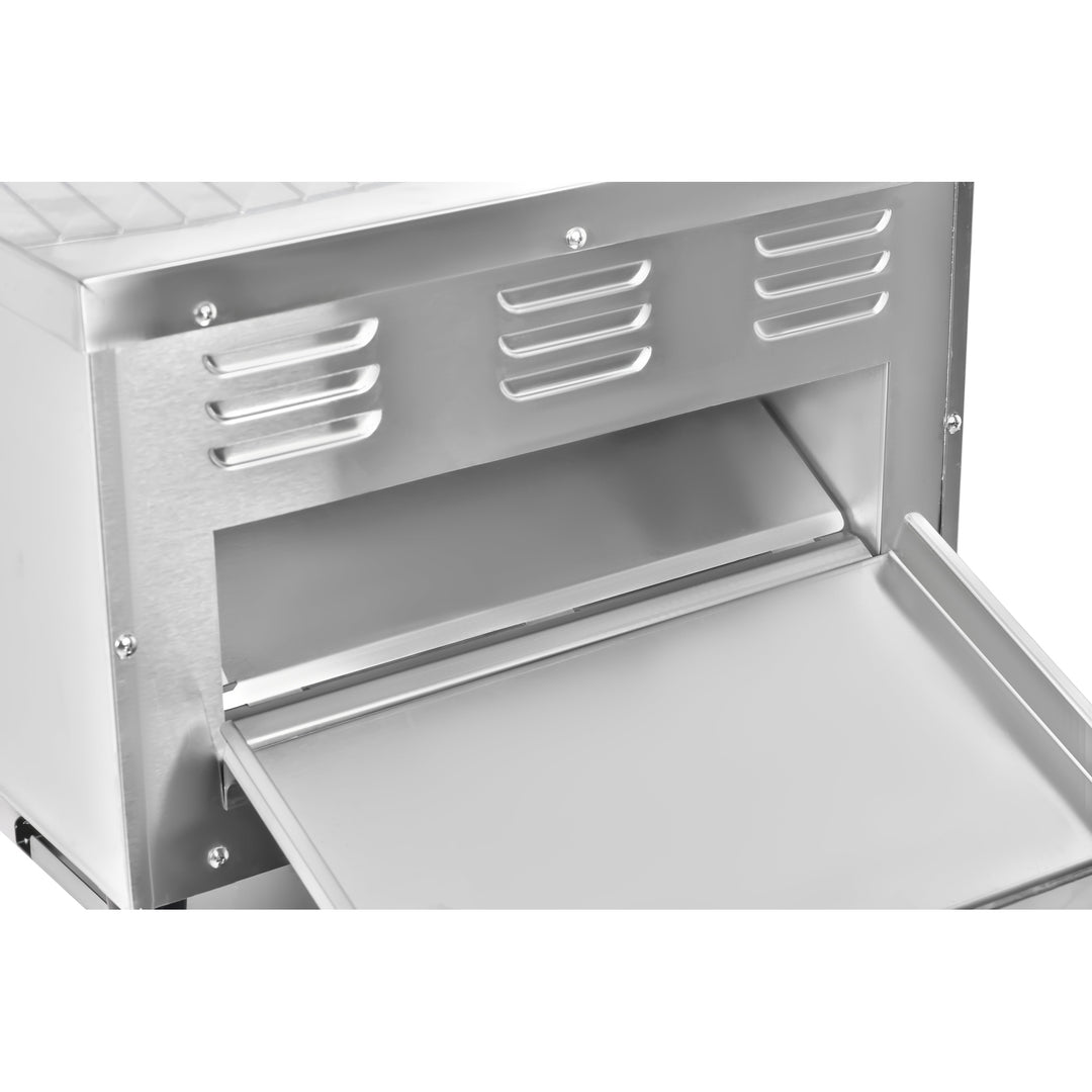 KRD Commercial Electric conveyor toaster 2640W KR-TT-450 stainless steel front with open crumb tray for easy cleaning.