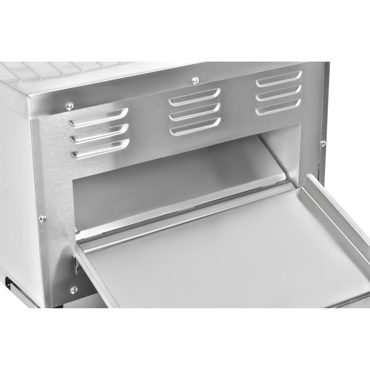 KRD Commercial Electric conveyor toaster 2640W KR-TT-450 stainless steel front with open crumb tray for easy cleaning.