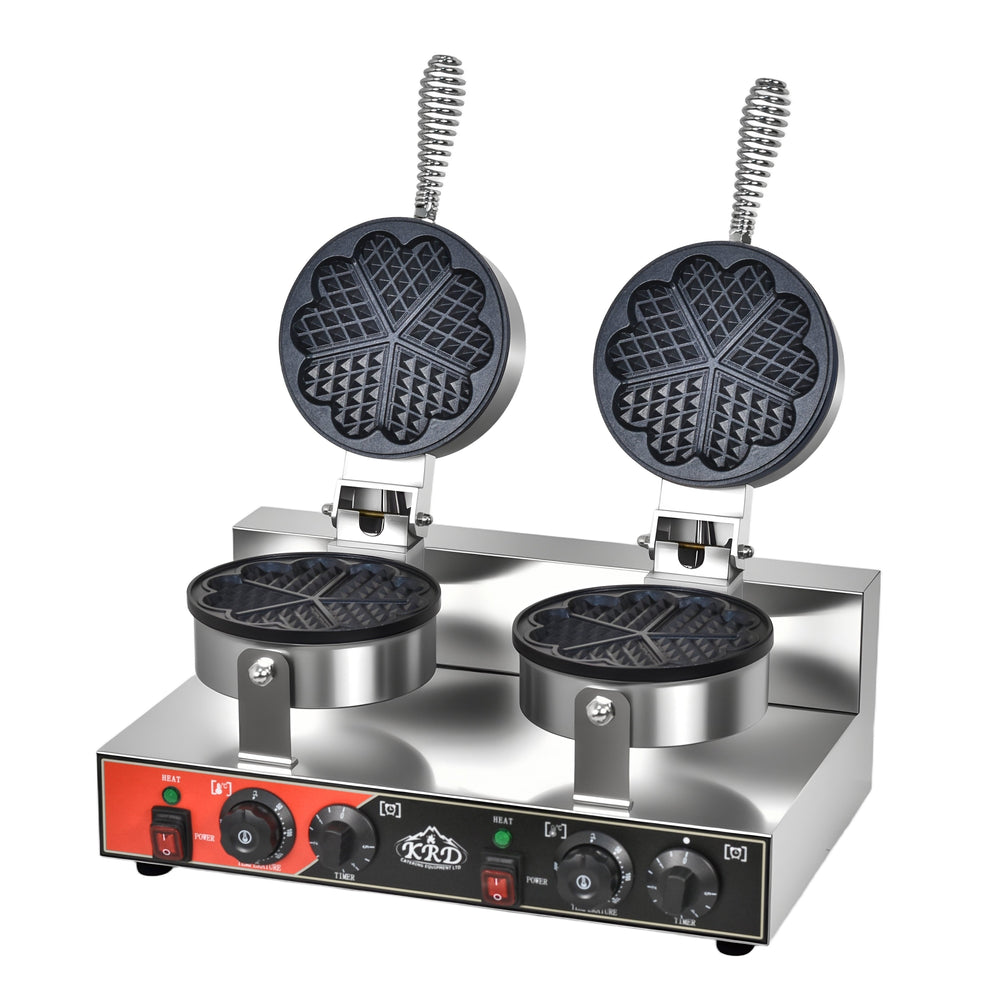 KRD Heavy Duty2-Plate 5-heart electric waffle machine 1200W+1200W KR-HW10 with stainless steel design for commercial use.