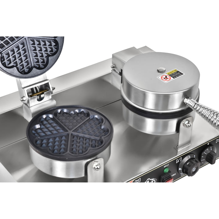 KRD Heavy Duty2-Plate 5-heart electric waffle machine 1200W+1200W KR-HW10 with stainless steel design and non-stick waffle plates.