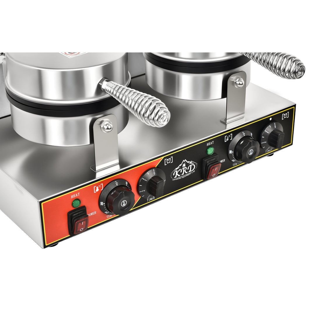 KRD Heavy Duty2-Plate 5-heart electric waffle machine 1200W+1200W KR-HW10 control panel featuring stainless steel components.