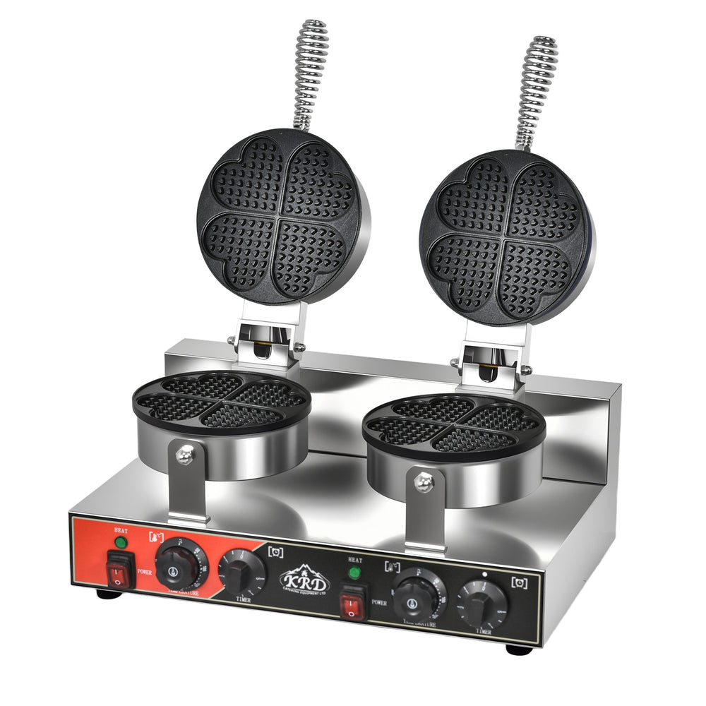 KRD Heavy Duty 2-Plate 4-heart electric waffle machine 1200W+1200W KR-HW8 for commercial kitchen use, stainless steel, 500x450x260mm.