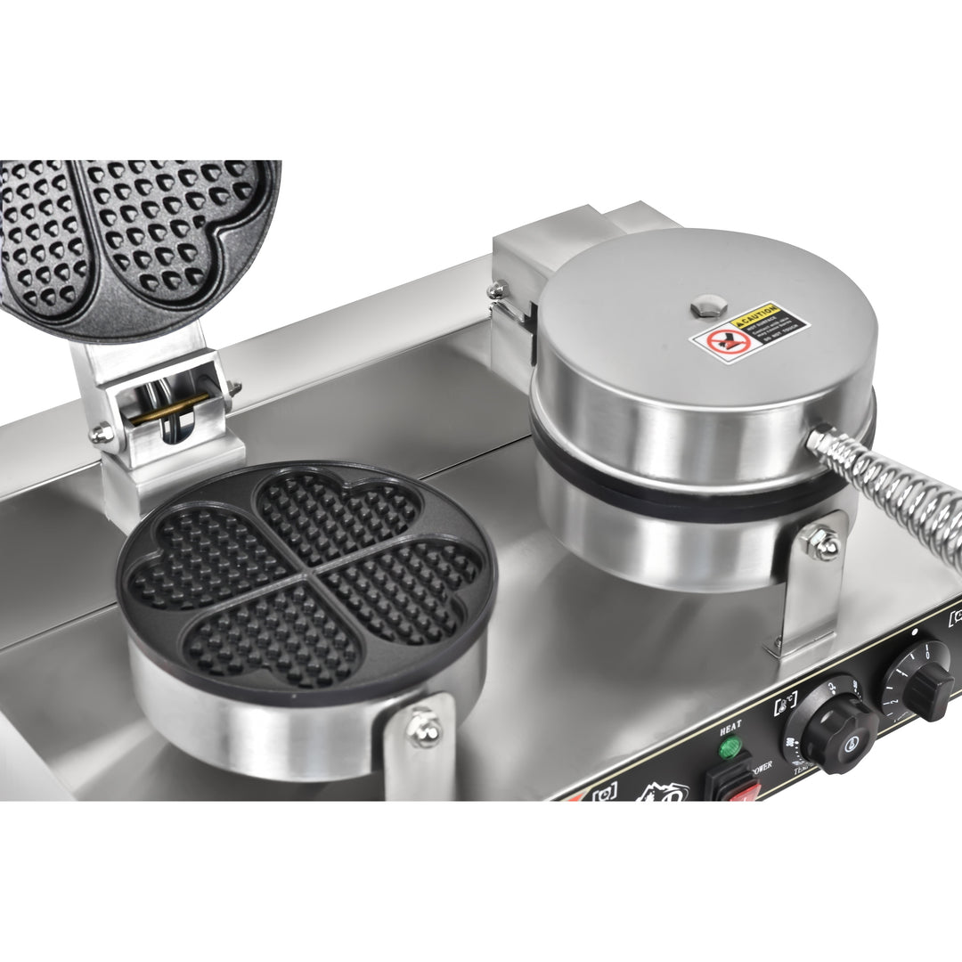 KRD Heavy Duty 2-Plate 4-heart electric waffle machine 1200W+1200W KR-HW8 showing cooking plates and stainless steel design.