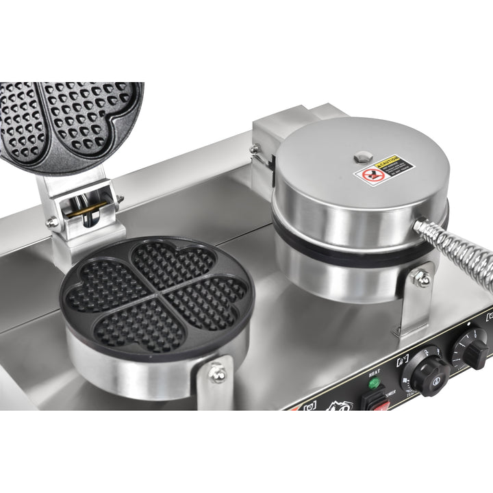KRD Heavy Duty 2-Plate 4-heart electric waffle machine 1200W+1200W KR-HW8 showing cooking plates and stainless steel design.