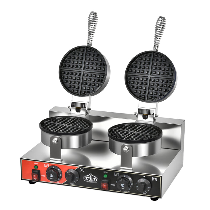 KRD Heavy Duty 2-Plate electric waffle machine 1200W+1200W KR-WM-2 featuring stainless steel design for commercial kitchens.