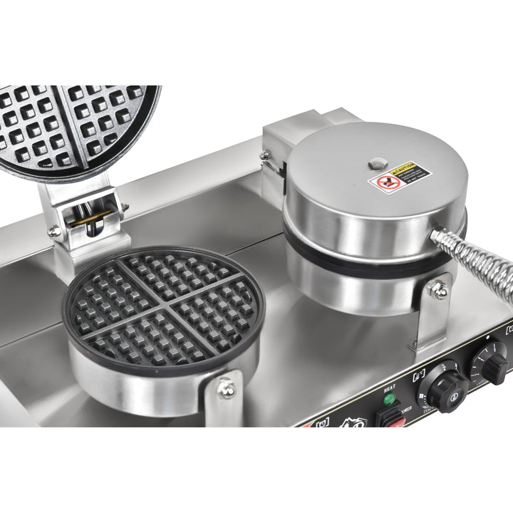 KRD Heavy Duty 2-Plate electric waffle machine 1200W+1200W KR-WM-2 showcasing stainless steel plates for commercial kitchen use.