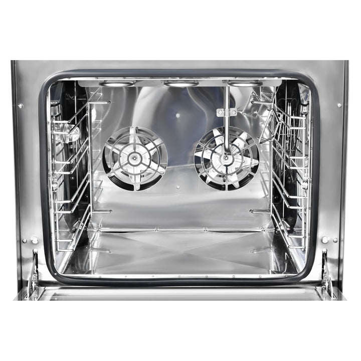 Interior view of KRD Combi Steamer Electric Convection Oven 2600W KRO-4A showcasing stainless steel design and dual fans.