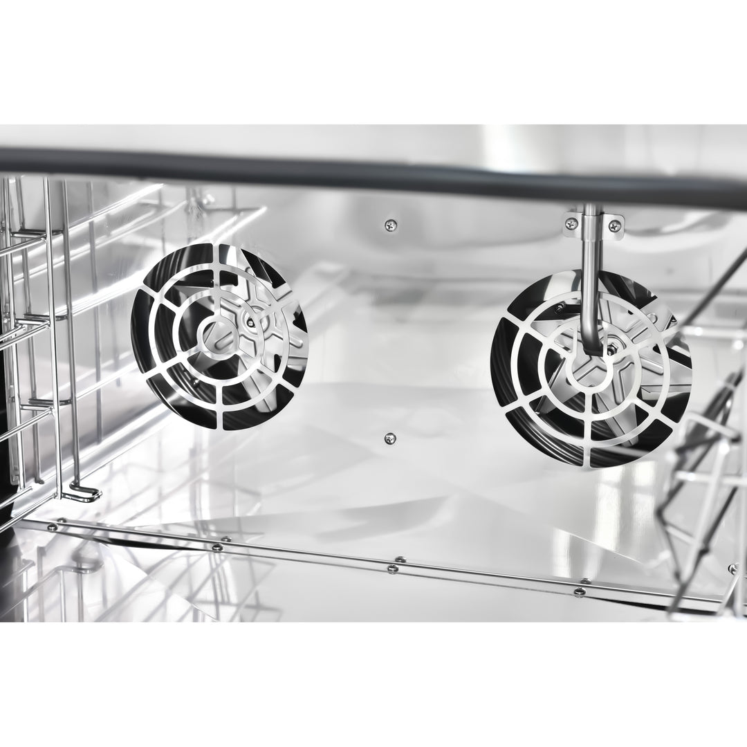Interior of KRD Combi Steamer Electric Convection Oven 5800W KRO-8A showing stainless steel design and fan system for efficient cooking.