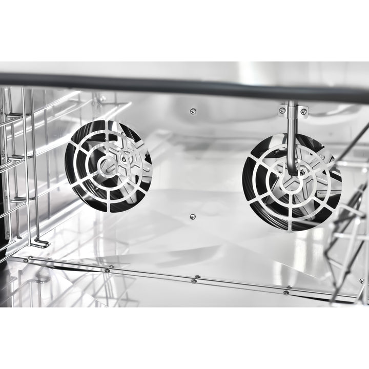 Interior of KRD Combi Steamer Electric Convection Oven 5800W KRO-8A showing stainless steel design and fan system for efficient cooking.
