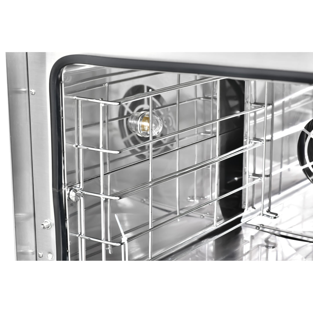 Inside view of the KRD Combi Steamer Electric Convection Oven 5800W KRO-8A showing stainless steel racks and interior design.