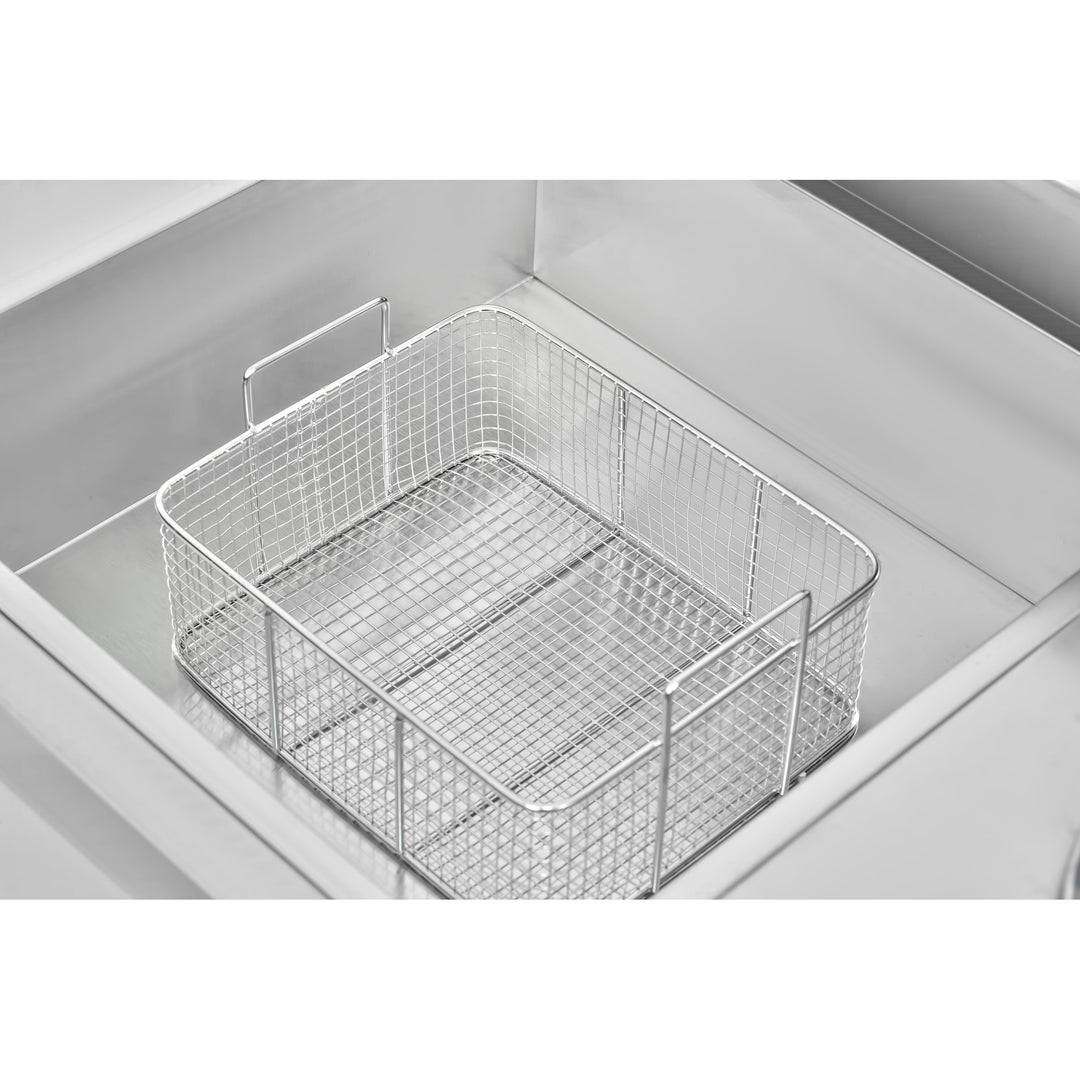 KRD Professional 1000mm Stainless Steel Breading Table with Upstand KR-1000 showing removable wire basket for easy cleaning.