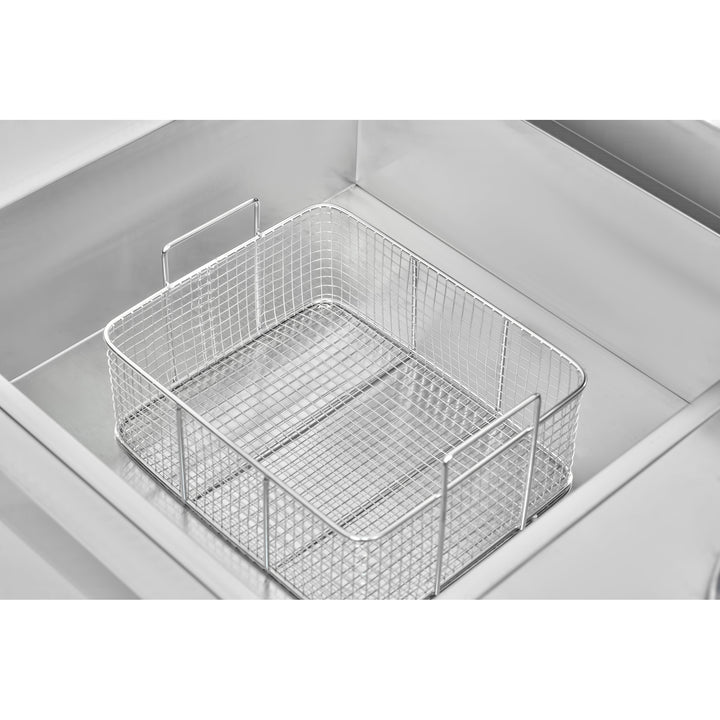 KRD Professional 1000mm Stainless Steel Breading Table with Upstand KR-1000 showing removable wire basket for easy cleaning.