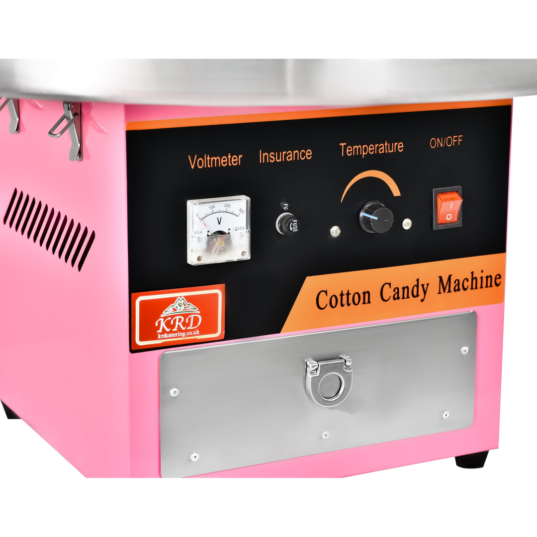 KRD Professional Electric candy floss machine 930W KR-CF-04E control panel with voltmeter, temperature dial, and switches.