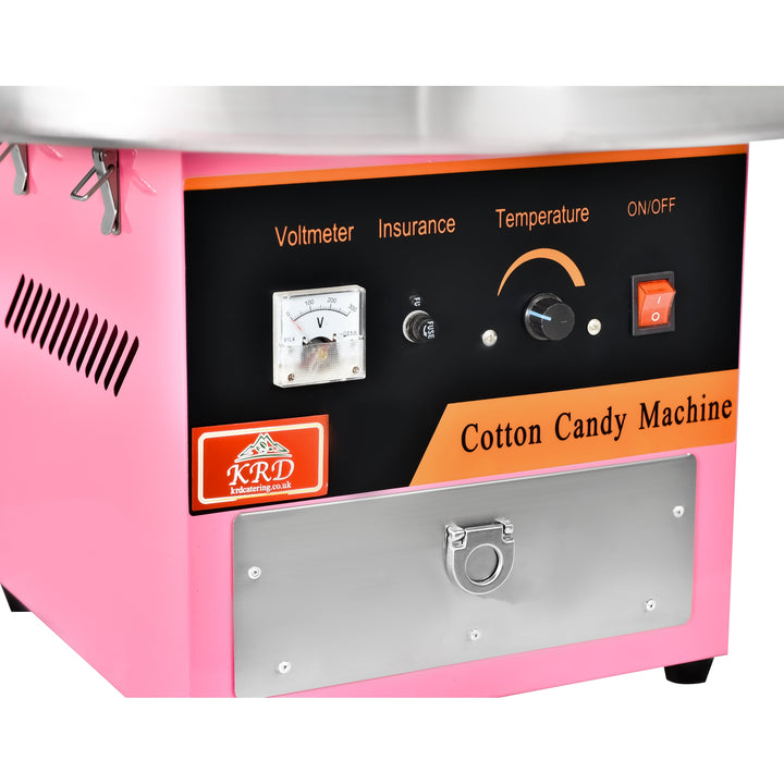 KRD Professional Electric candy floss machine 930W KR-CF-04E control panel with voltmeter, temperature dial, and switches.