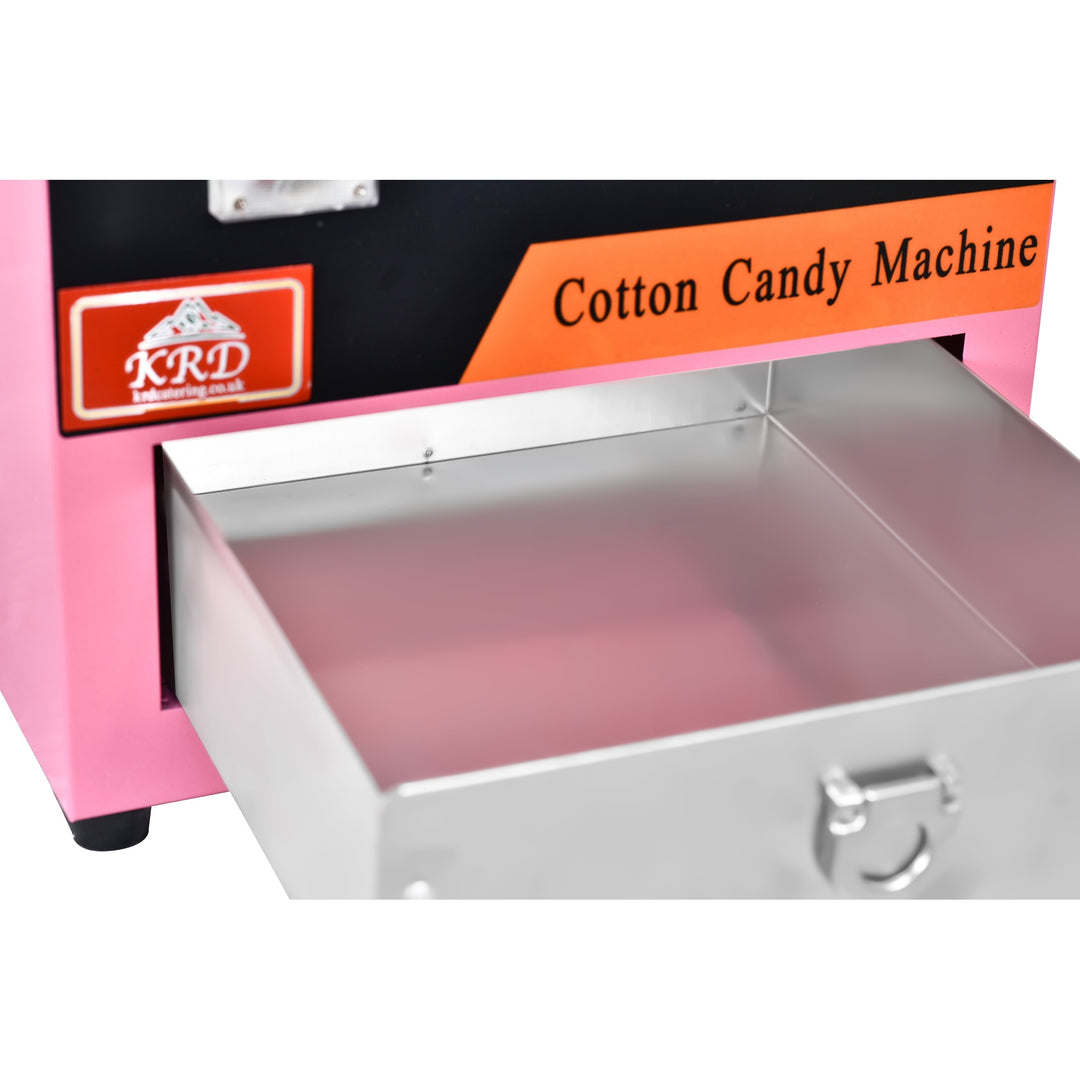 KRD Professional Electric candy floss machine 930W KR-CF-04E showing stainless steel drawer for easy access.