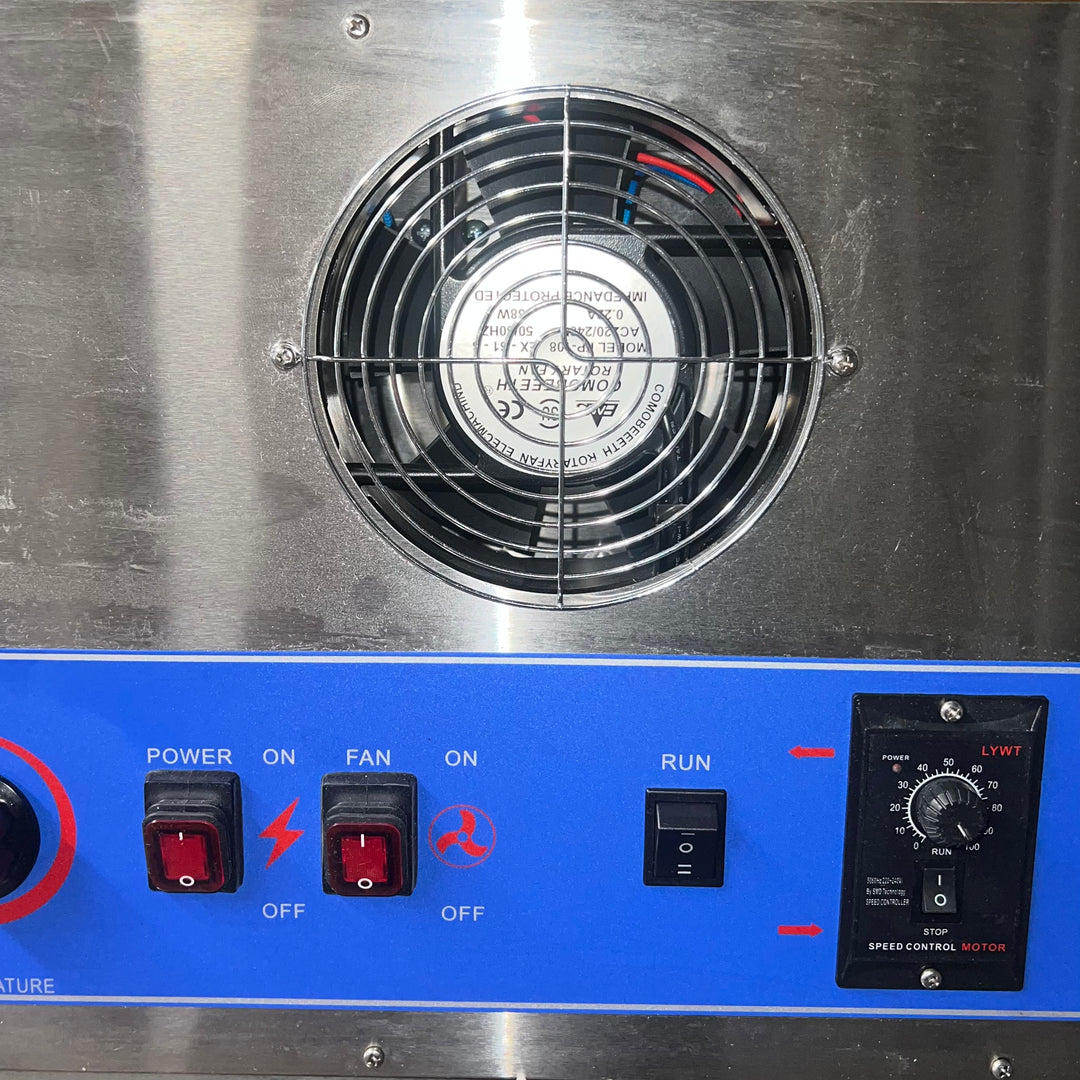 Control panel and fan of KRD Commercial Conveyor Pizza Oven HDR18, showcasing power and speed settings.