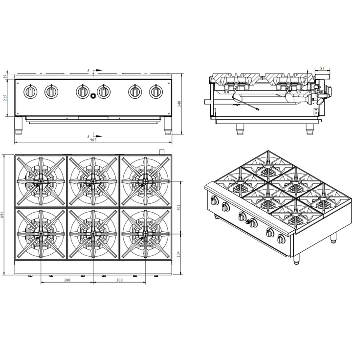 KRD Professional Gas Hotplate Cooker 6 Burners 42kW Countertop EHP6S