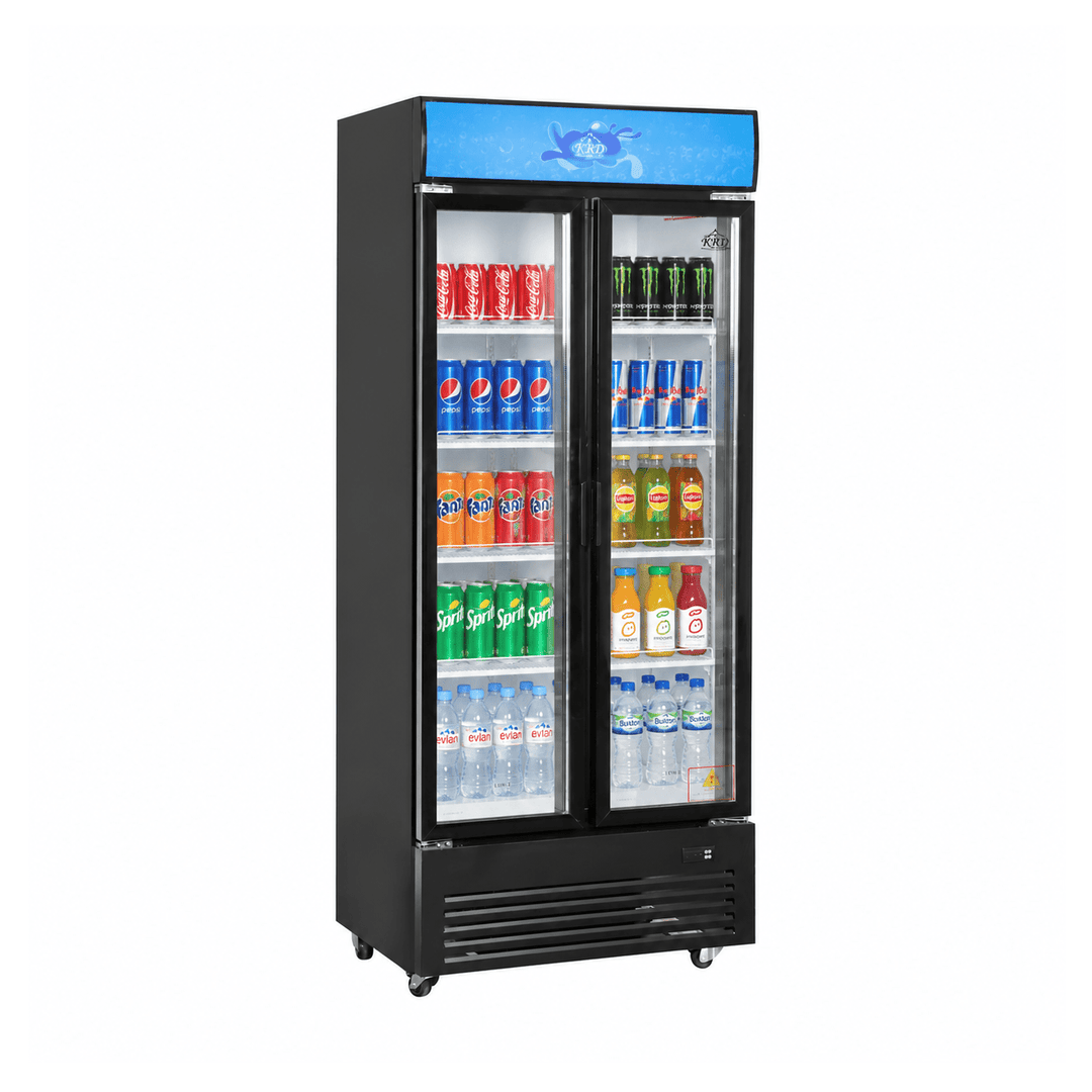 KRD Commercial Upright Beverage Bottle Cooler 490L Double Sliding Glass Door Black 800mm KD-800