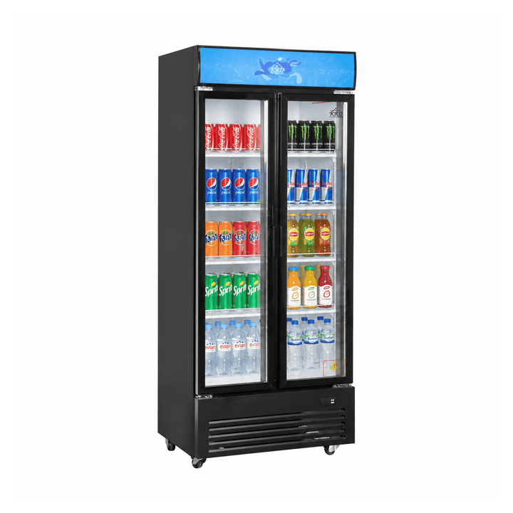 KRD Commercial Upright Beverage Bottle Cooler 490L Double Sliding Glass Door Black 800mm KD-800