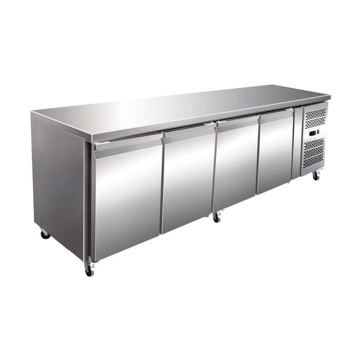KRD Commercial Refrigerated Counter 4 Door Ventilated Depth 700mm 616 Litres, stainless steel, commercial kitchen equipment.