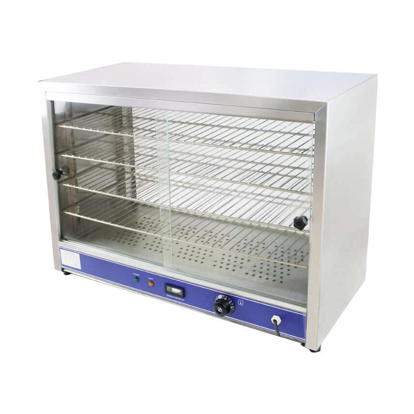 KRD Commercial Hot display case Pie warmer 4 shelves Countertop 1500W HBW805 with stainless steel body and glass doors.