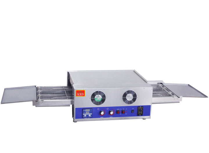 KRD Commercial Conveyor Pizza Oven HDR18 with dual fans and adjustable settings for cooking 20 pizzas per hour.