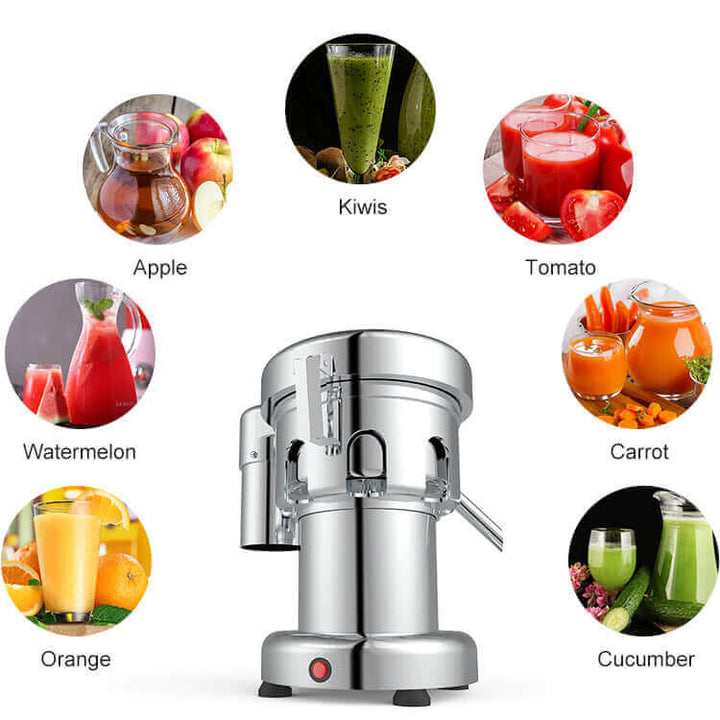 KRD Professional Electric Juice Extractor with fruits like orange, apple, and kiwi, ideal for heavy-duty juicing.