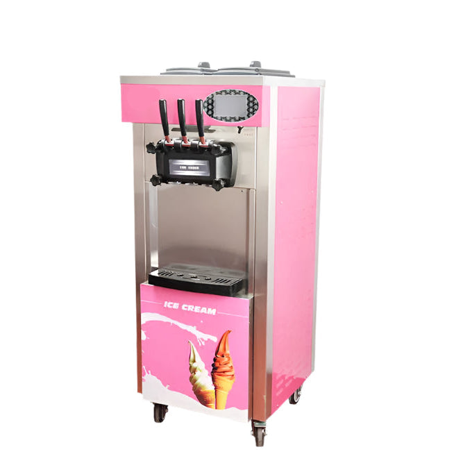 KRD three-flavour soft serve ice cream machine in stainless steel and pink design, ideal for cafés and restaurants.